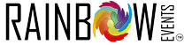 Logo for "RAINBOW EVENTS" with the letter "O" depicted as a colorful swirl made of overlapping segments in red, orange, yellow, green, blue, and purple—ideal for events featuring a mobile vet or animal-focused activities.