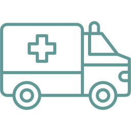 A simple, teal line drawing of a mobile vet ambulance with a medical cross on the side and a light on top, shown in profile facing right.