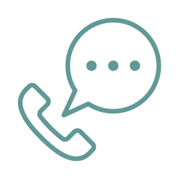 A teal icon of a telephone handset with a speech bubble containing three dots, indicating a conversation or message about mobile vet or in home euthanasia services, on a light gray background.