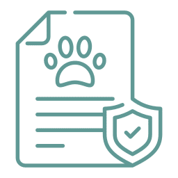 Outline icon of a document with a paw print, symbolizing pets and vet care, and a shield with a checkmark, representing protection or insurance. The design uses simple teal lines on a light background.