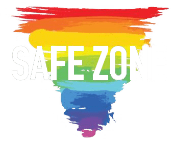 A painted brushstroke rainbow forms an inverted triangle with the words “SAFE ZONE” in bold white letters—creating a welcoming sign for any mobile vet or those seeking in home euthanasia services.