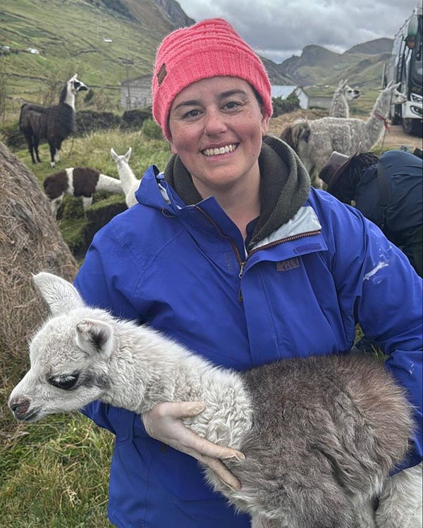 A smiling person in a blue jacket and pink hat holds a baby llama in their arms, standing in a grassy field with several llamas and mountains—perhaps waiting for a mobile vet or local veterinarian to check on their herd’s health.